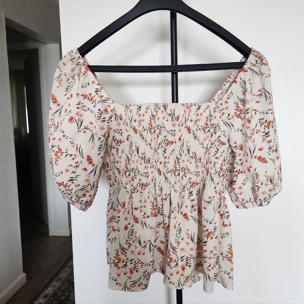 Floral Smocked Women's Top - Cream and Orange